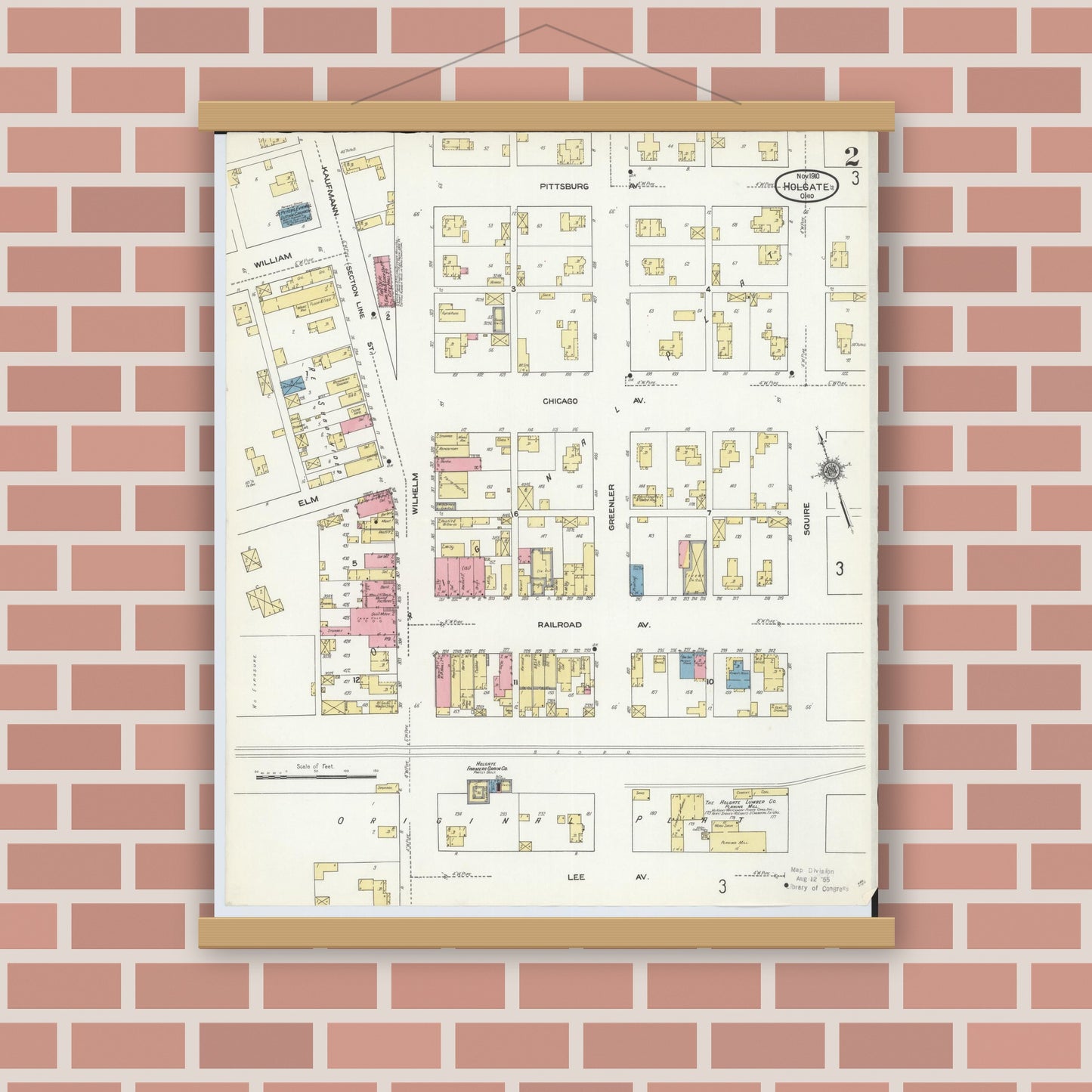 Old map wall art mockup — magnetic wood frame on brick wall — Sanborn Fire Insurance Map from Holgate, Henry County, Ohio (1910), Sheet #0002
