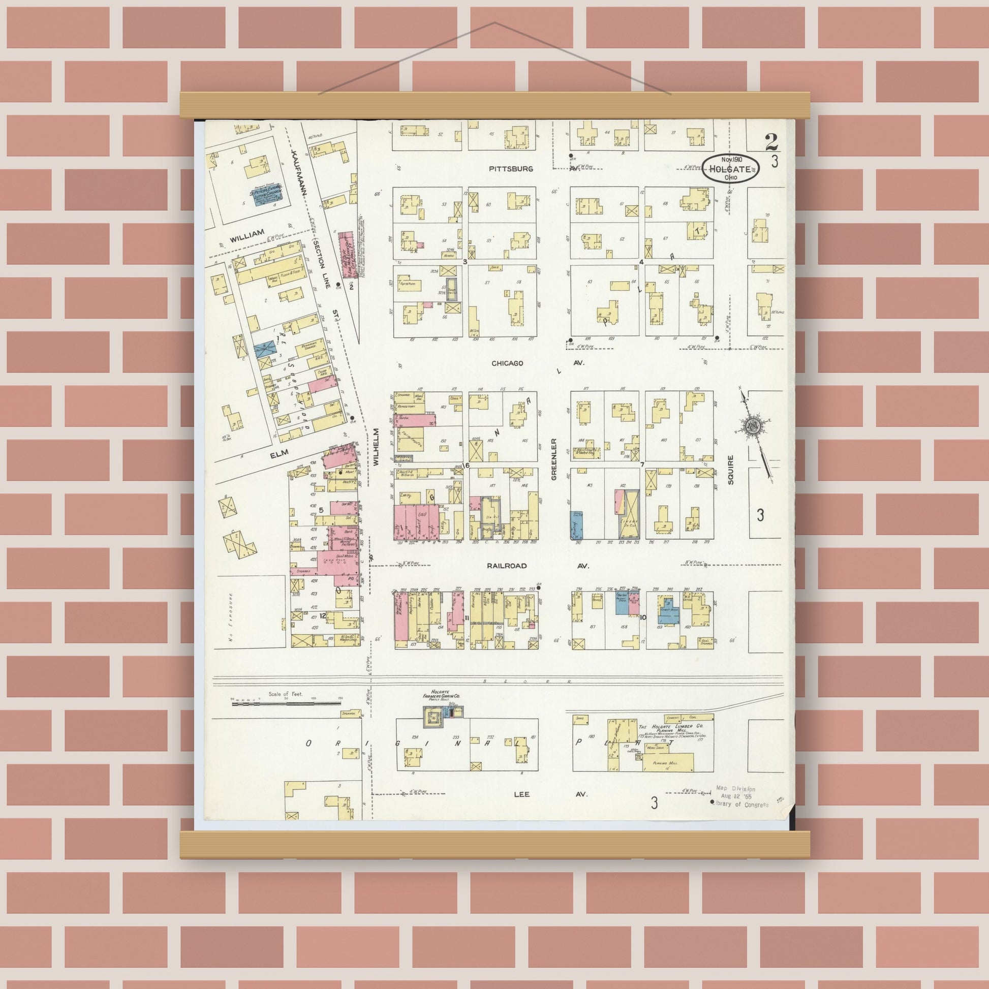 Old map wall art mockup — magnetic wood frame on brick wall — Sanborn Fire Insurance Map from Holgate, Henry County, Ohio (1910), Sheet #0002