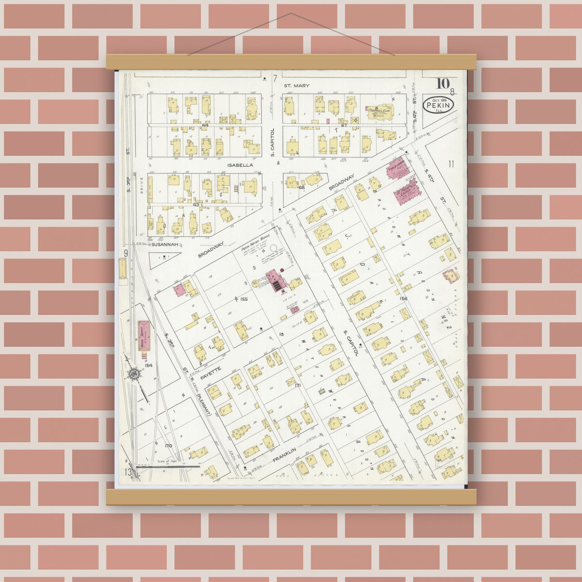 Old map wall art mockup — magnetic wood frame on brick wall — Sanborn Fire Insurance Map from Pekin, Tazewell County, Illinois (1916), Sheet #0010