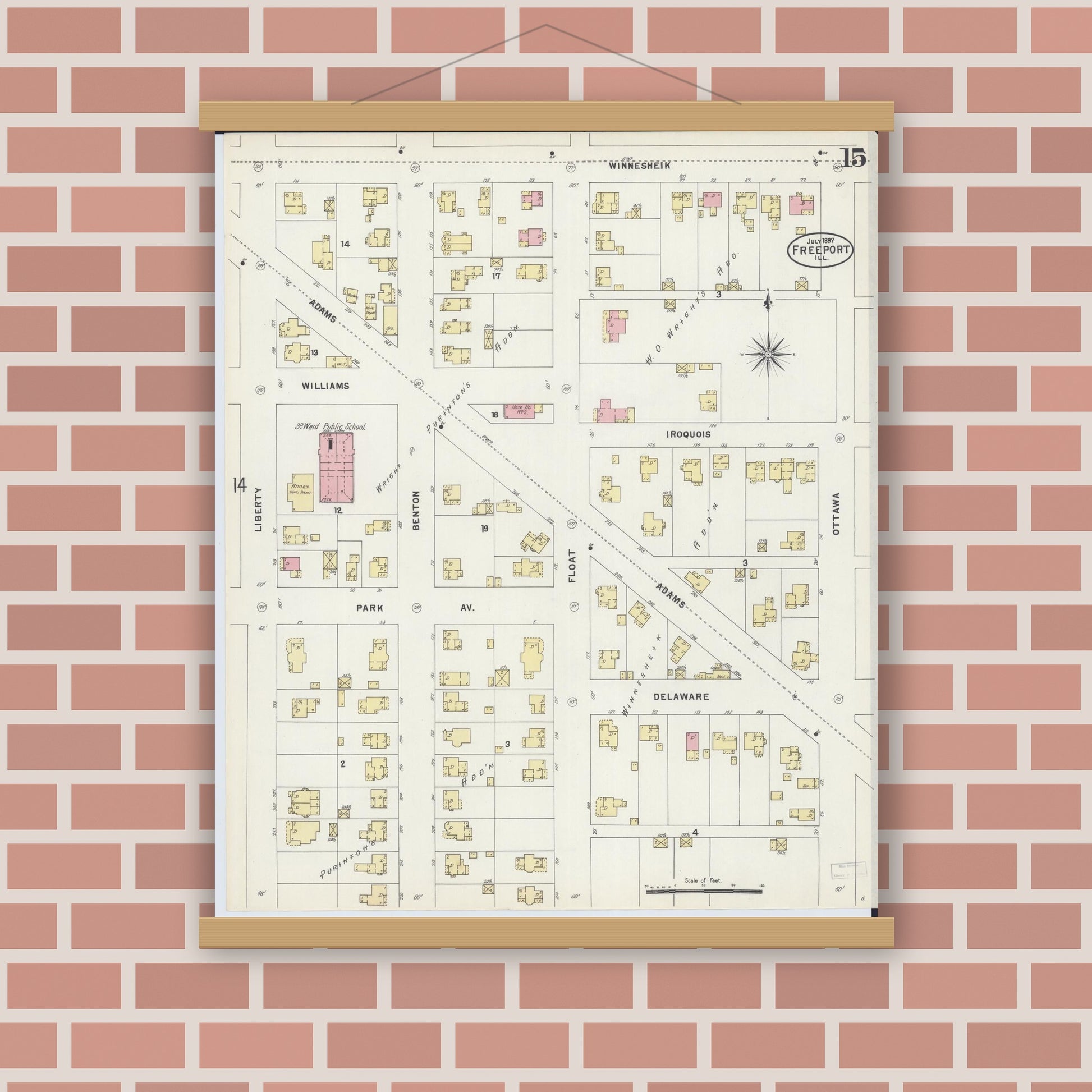 Old map wall art mockup — magnetic wood frame on brick wall — Sanborn Fire Insurance Map from Freeport, Stephenson County, Illinois (1897), Sheet #0015