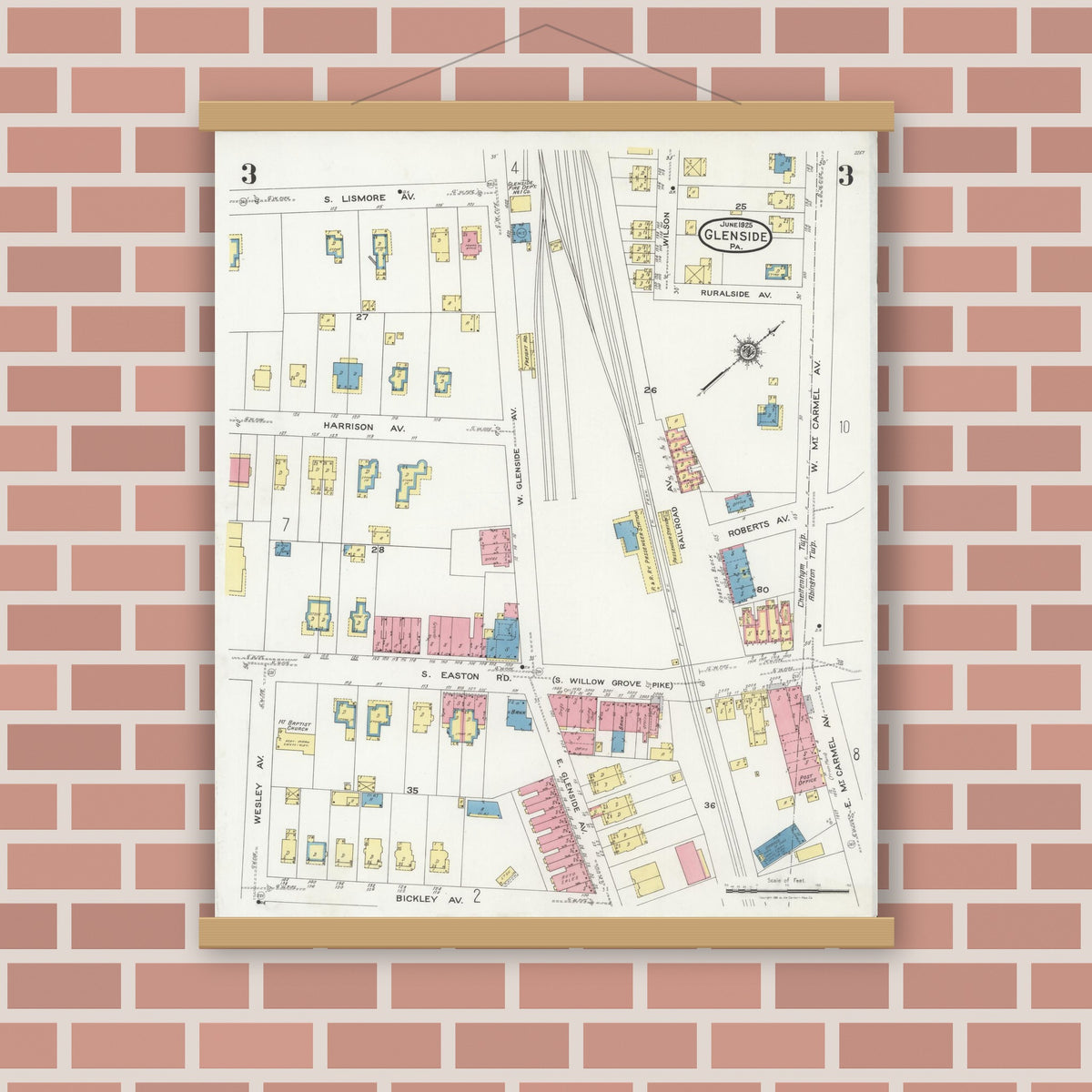 Old map wall art mockup — magnetic wood frame on brick wall — Sanborn Fire Insurance Map from Glenside, Montgomery County, Pennsylvania (1925), Sheet #0003