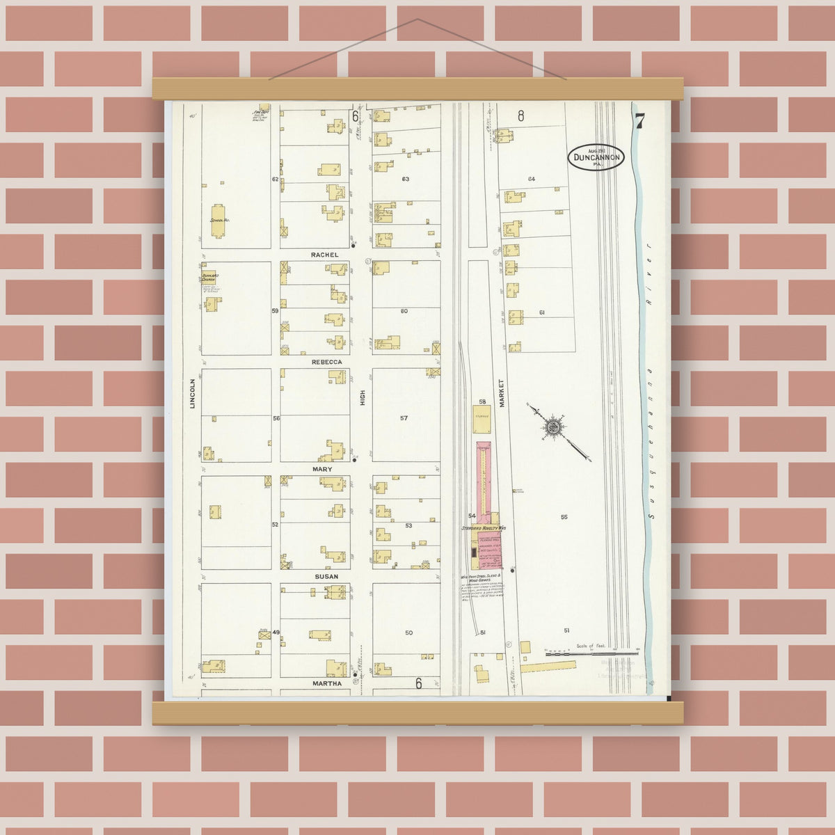 Old map wall art mockup — magnetic wood frame on brick wall — Sanborn Fire Insurance Map from Duncannon, Perry County, Pennsylvania (1911), Sheet #0007