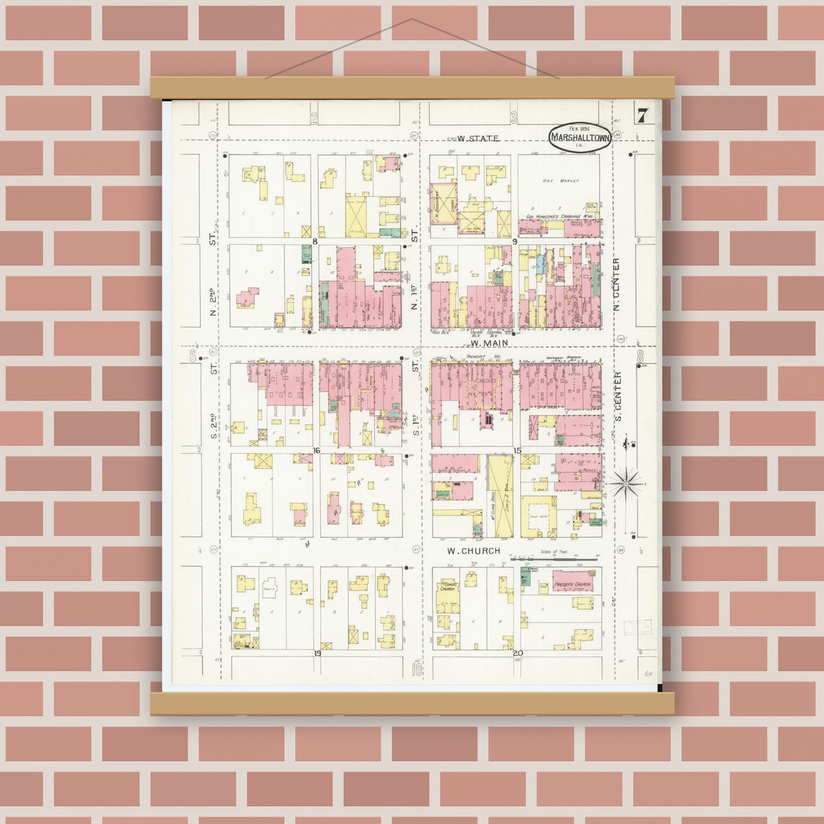 Old map wall art mockup — magnetic wood frame on brick wall — Sanborn Fire Insurance Map from Marshalltown, Marshall County, Iowa (1894), Sheet #0007