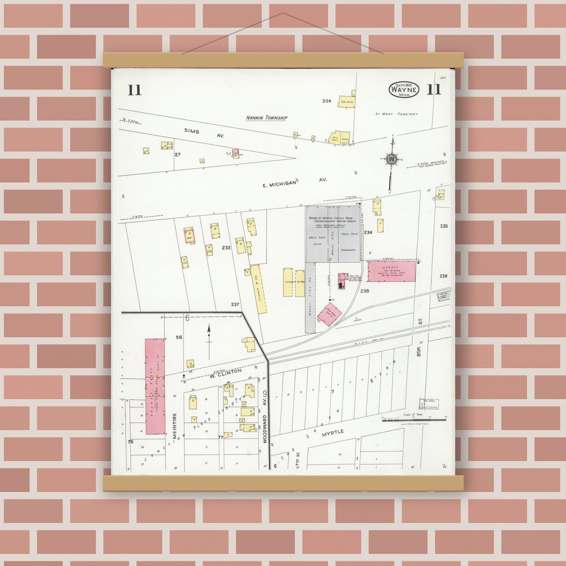 Old map wall art mockup — magnetic wood frame on brick wall — Sanborn Fire Insurance Map from Wayne, Wayne County, Michigan (1926), Sheet #0011