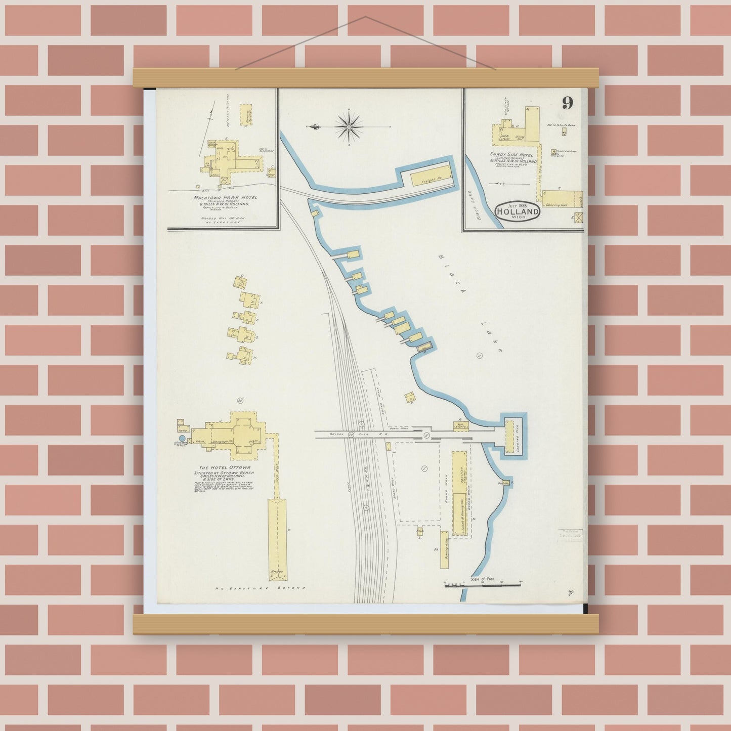 Old map wall art mockup — magnetic wood frame on brick wall — Sanborn Fire Insurance Map from Holland, Ottawa County, Michigan (1893), Sheet #0009