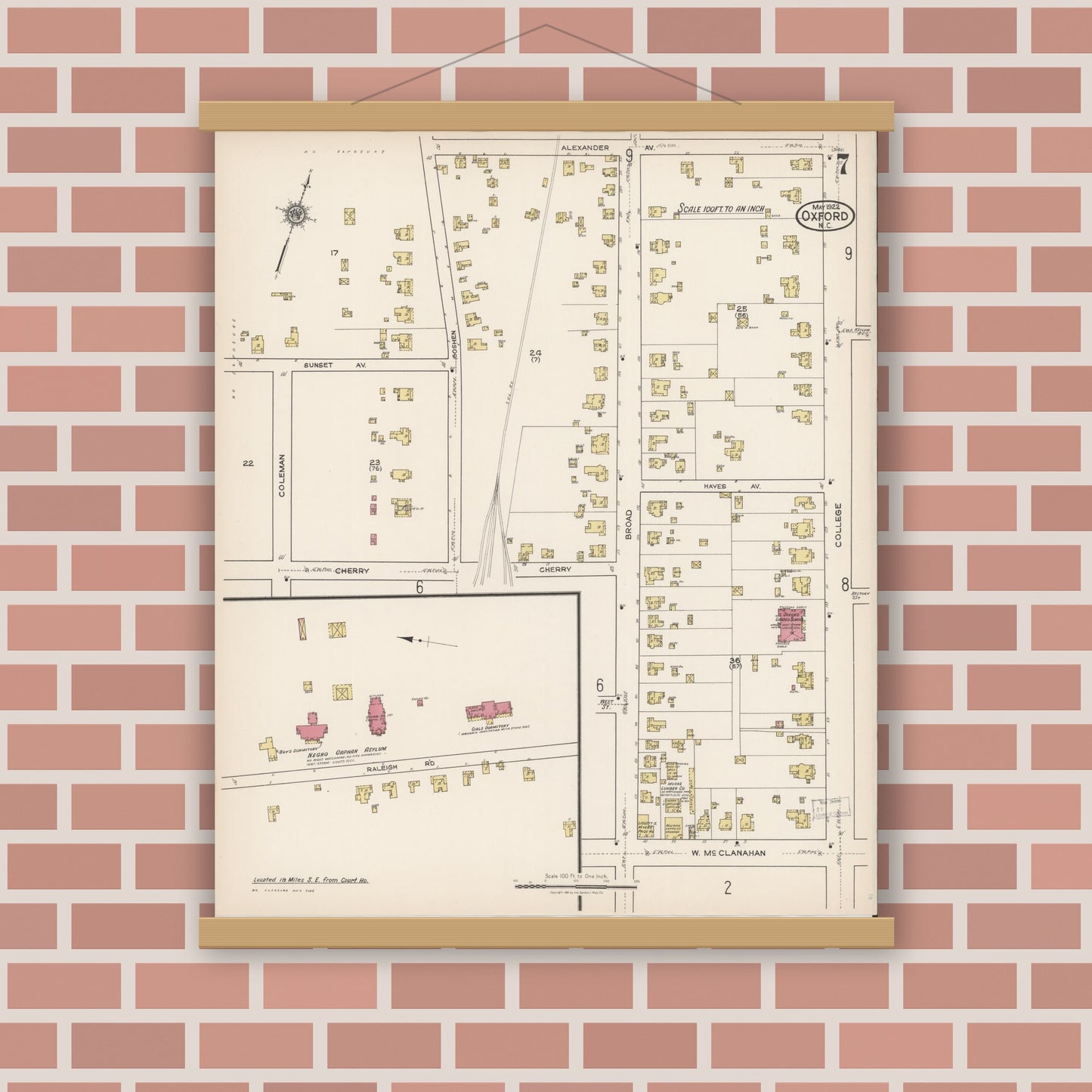 Old map wall art mockup — magnetic wood frame on brick wall — Sanborn Fire Insurance Map from Oxford, Granville County, North Carolina (1922), Sheet #0007