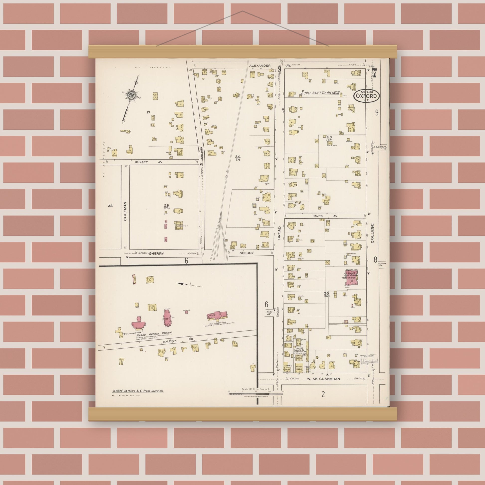 Old map wall art mockup — magnetic wood frame on brick wall — Sanborn Fire Insurance Map from Oxford, Granville County, North Carolina (1922), Sheet #0007
