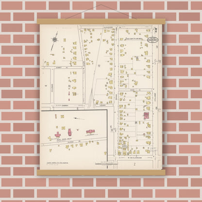 Old map wall art mockup — magnetic wood frame on brick wall — Sanborn Fire Insurance Map from Oxford, Granville County, North Carolina (1922), Sheet #0007