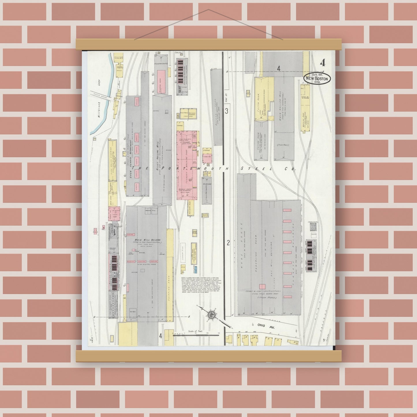 Old map wall art mockup — magnetic wood frame on brick wall — Sanborn Fire Insurance Map from New Boston, Scioto County, Ohio (1911), Sheet #0004