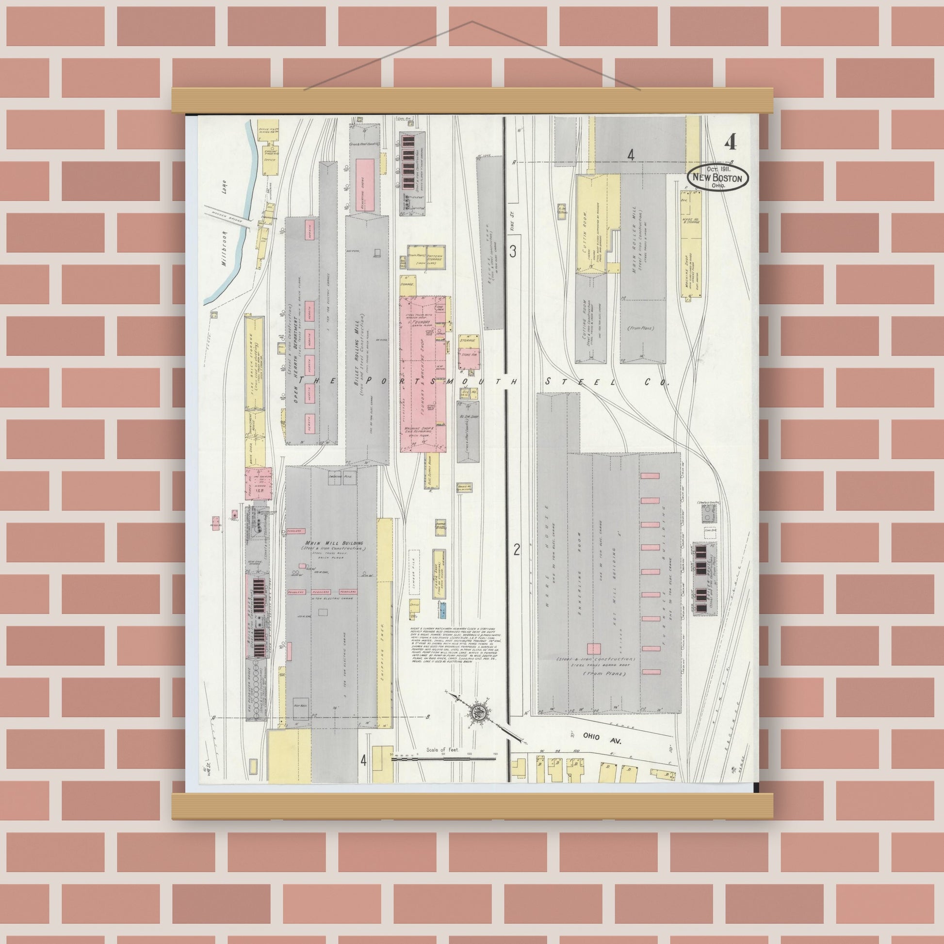 Old map wall art mockup — magnetic wood frame on brick wall — Sanborn Fire Insurance Map from New Boston, Scioto County, Ohio (1911), Sheet #0004
