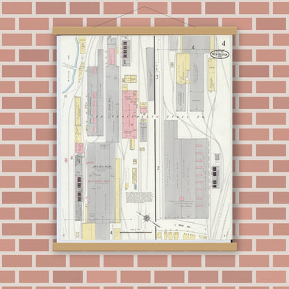 Old map wall art mockup — magnetic wood frame on brick wall — Sanborn Fire Insurance Map from New Boston, Scioto County, Ohio (1911), Sheet #0004