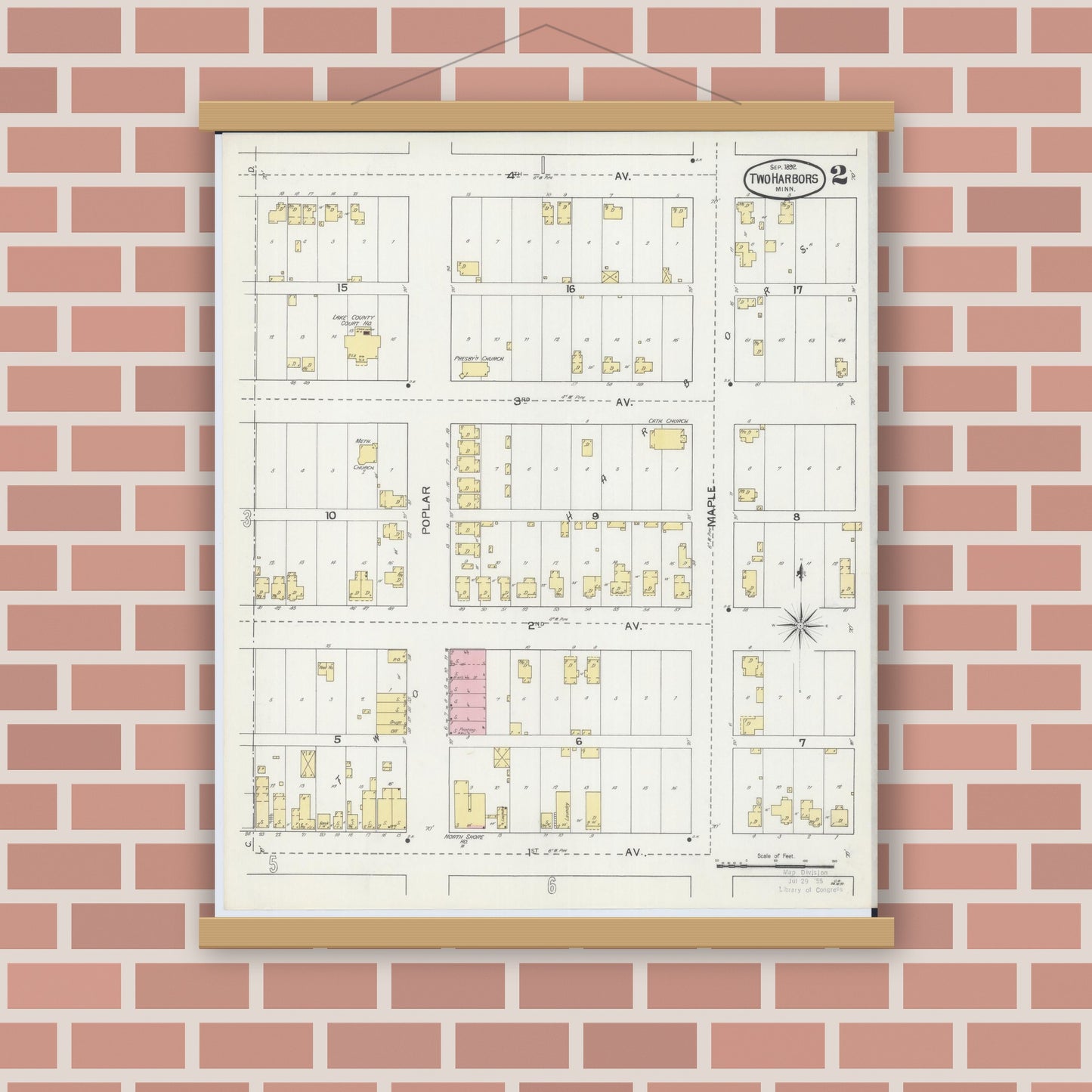 Old map wall art mockup — magnetic wood frame on brick wall — Sanborn Fire Insurance Map from Two Harbors, Lake County, Minnesota (1892), Sheet #0002