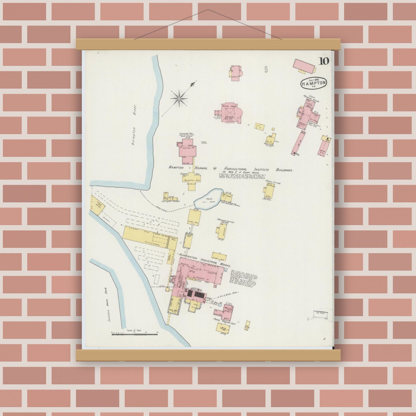 Old map wall art mockup — magnetic wood frame on brick wall — Sanborn Fire Insurance Map from Hampton, Independent Cities, Virginia (1895), Sheet #0010