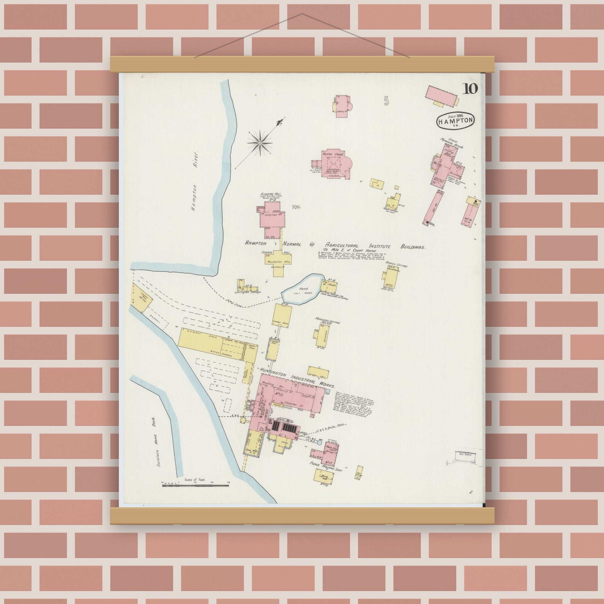 Old map wall art mockup — magnetic wood frame on brick wall — Sanborn Fire Insurance Map from Hampton, Independent Cities, Virginia (1895), Sheet #0010