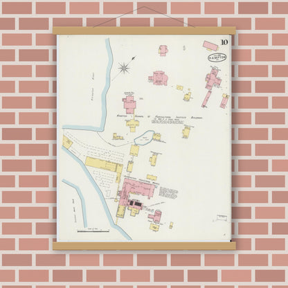 Old map wall art mockup — magnetic wood frame on brick wall — Sanborn Fire Insurance Map from Hampton, Independent Cities, Virginia (1895), Sheet #0010