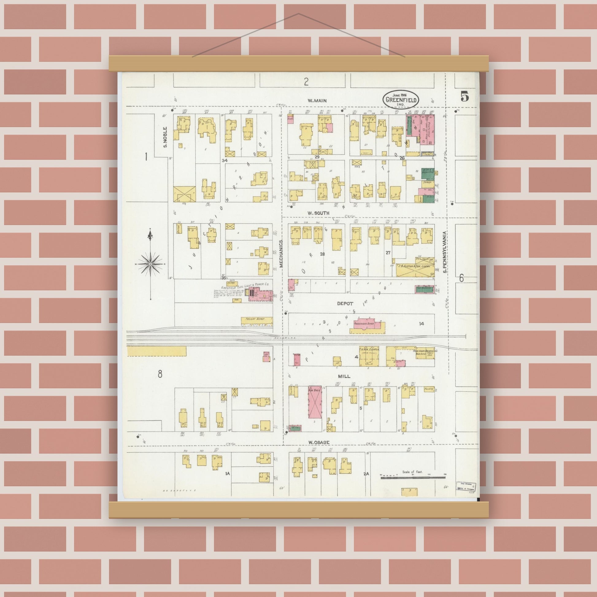 Old map wall art mockup — magnetic wood frame on brick wall — Sanborn Fire Insurance Map from Greenfield, Hancock County, Indiana (1906), Sheet #0005
