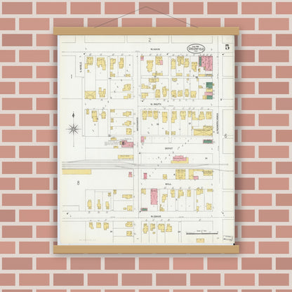 Old map wall art mockup — magnetic wood frame on brick wall — Sanborn Fire Insurance Map from Greenfield, Hancock County, Indiana (1906), Sheet #0005