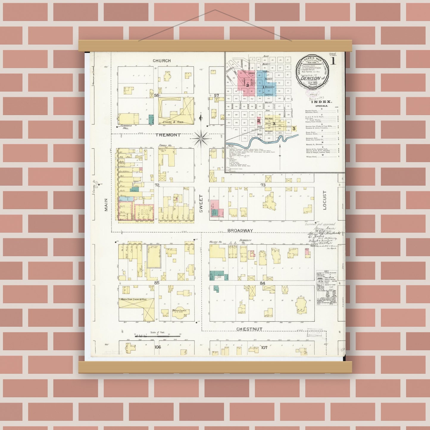 Old map wall art mockup — magnetic wood frame on brick wall — Sanborn Fire Insurance Map from Denison, Crawford County, Iowa (1893), Sheet #0001