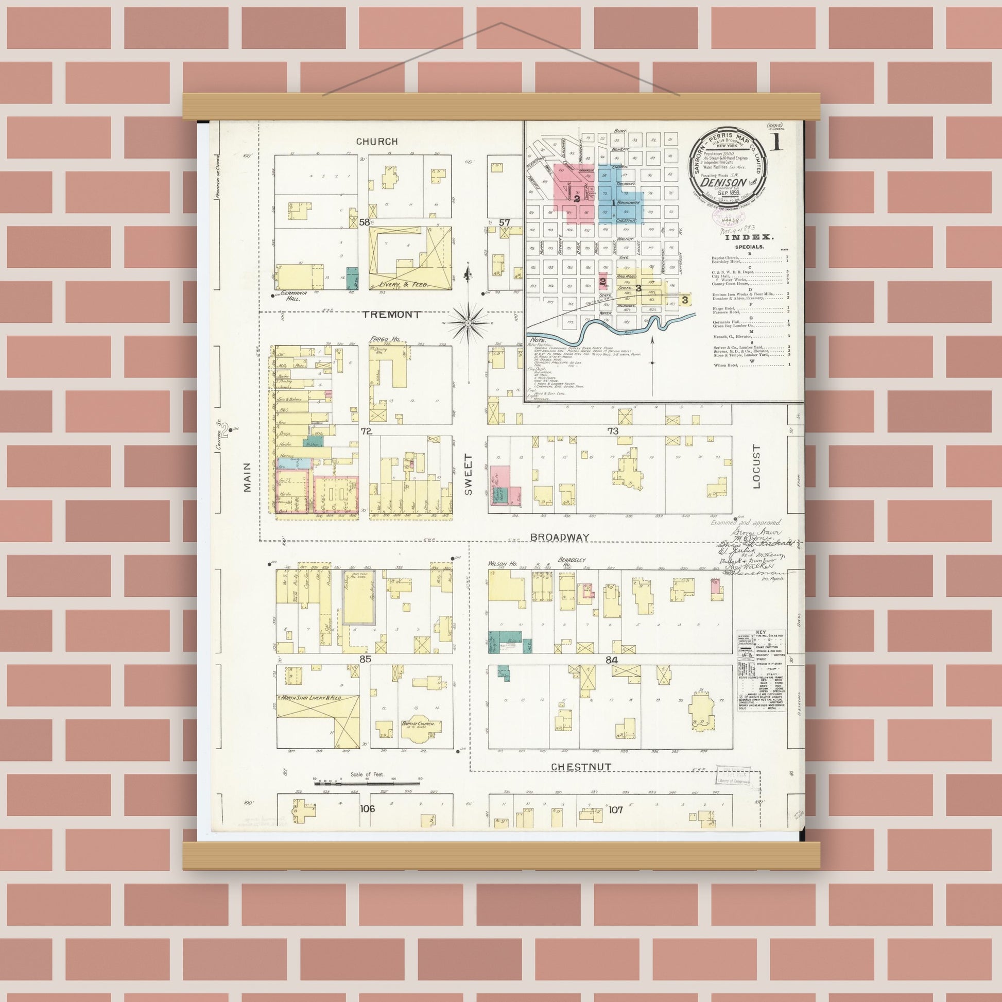 Old map wall art mockup — magnetic wood frame on brick wall — Sanborn Fire Insurance Map from Denison, Crawford County, Iowa (1893), Sheet #0001