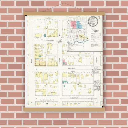 Old map wall art mockup — magnetic wood frame on brick wall — Sanborn Fire Insurance Map from Denison, Crawford County, Iowa (1893), Sheet #0001