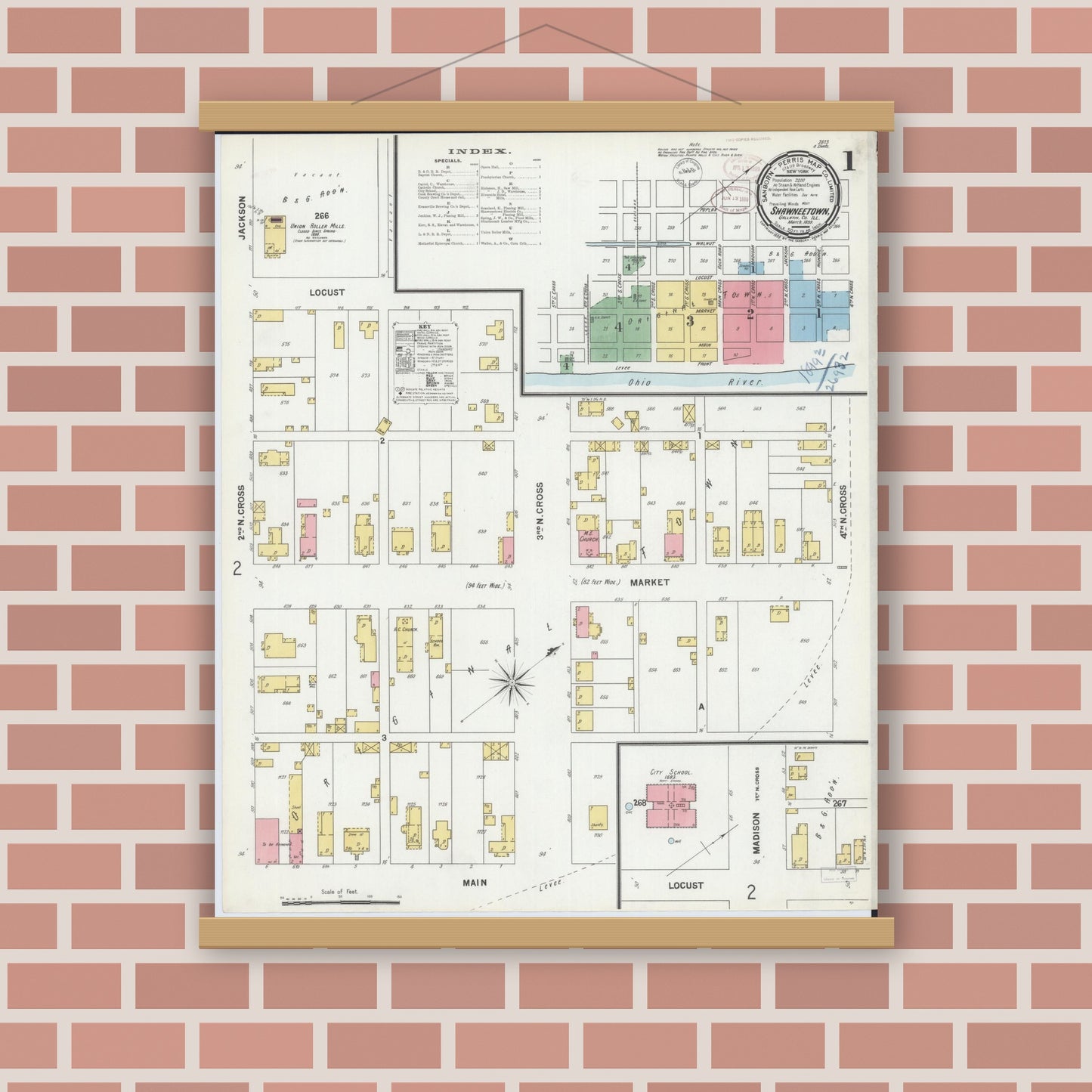 Old map wall art mockup — magnetic wood frame on brick wall — Sanborn Fire Insurance Map from Shawneetown, Gallatin County, Illinois (1899) - Complete Map Set