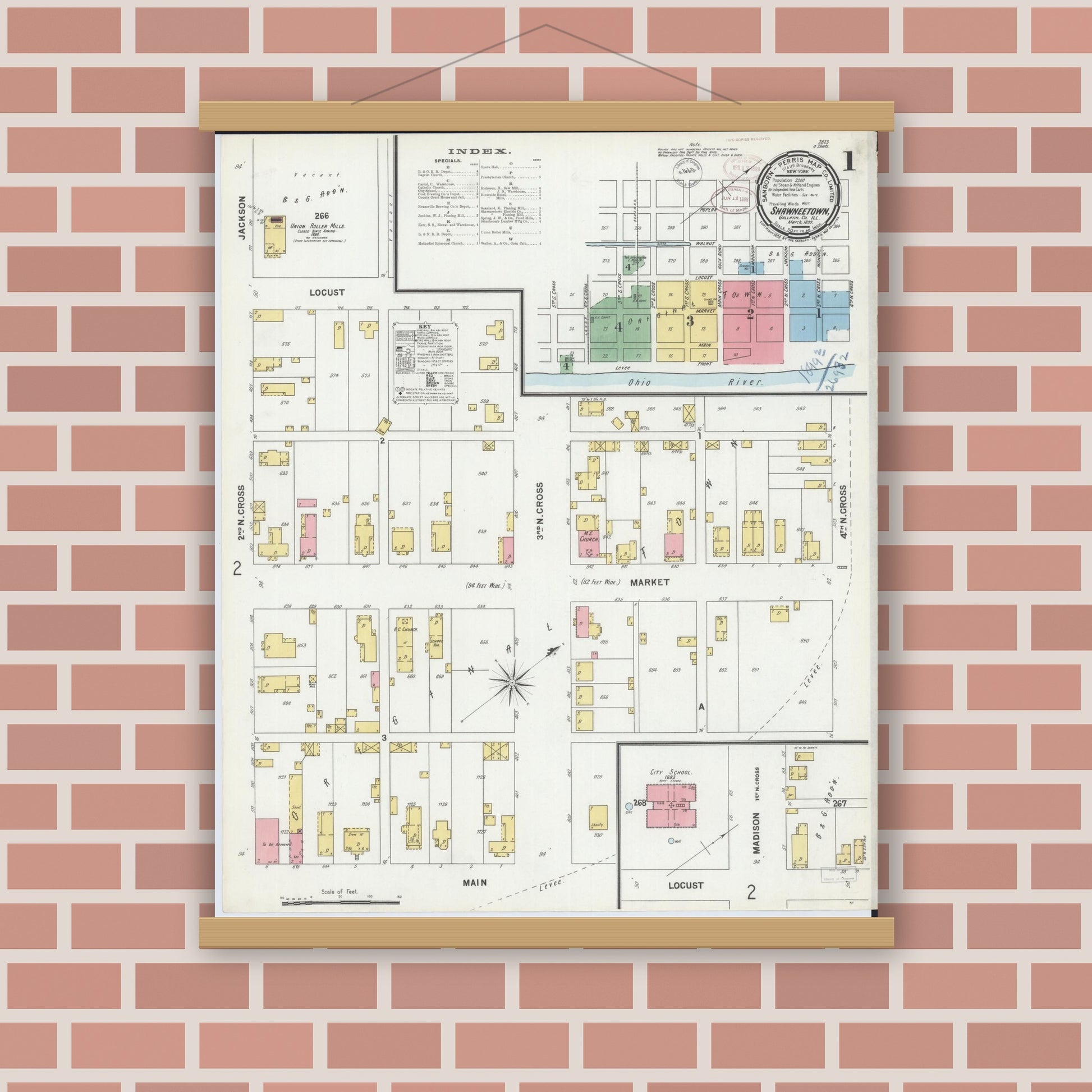 Old map wall art mockup — magnetic wood frame on brick wall — Sanborn Fire Insurance Map from Shawneetown, Gallatin County, Illinois (1899) - Complete Map Set