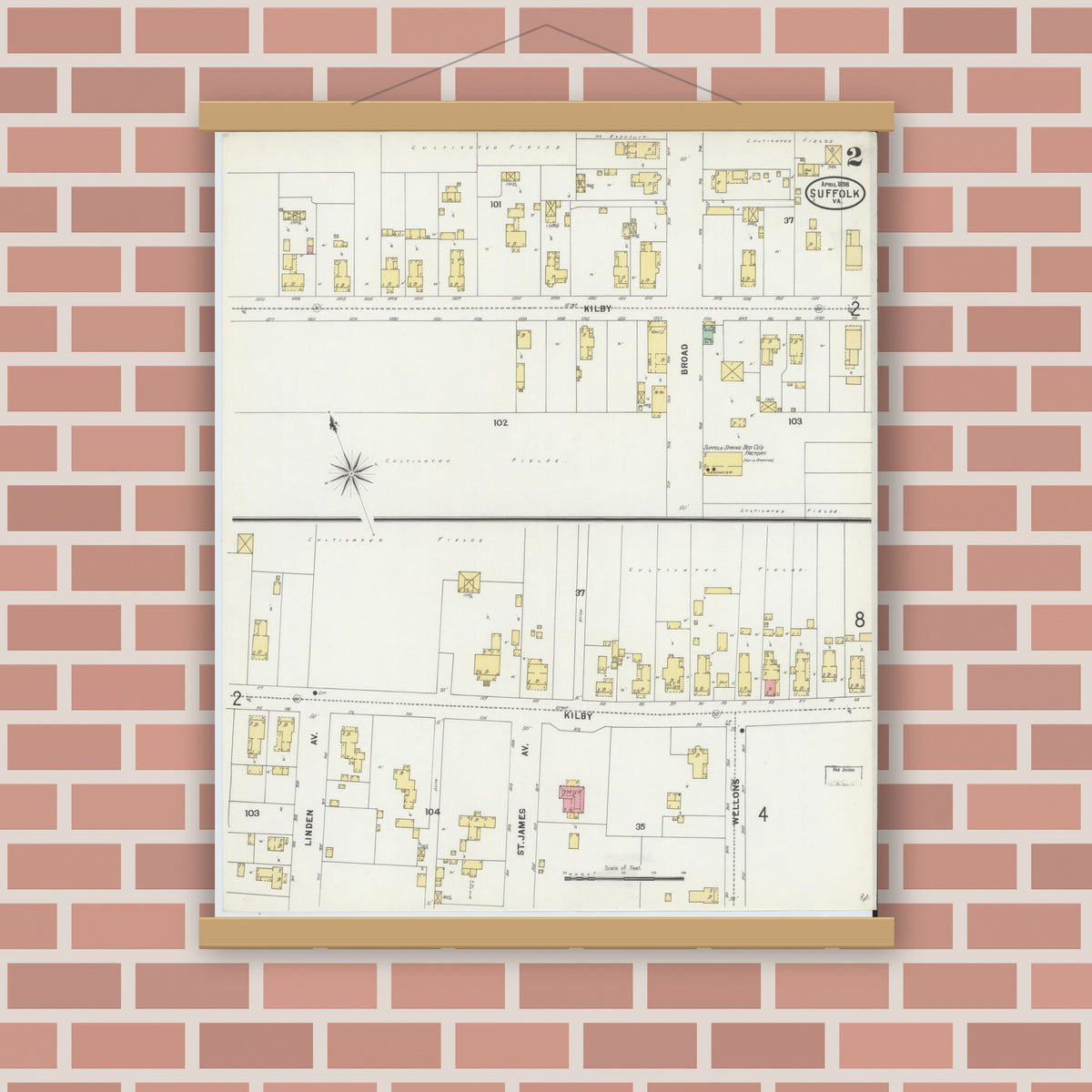 Old map wall art mockup — magnetic wood frame on brick wall — Sanborn Fire Insurance Map from Suffolk, Independent Cities, Virginia (1898), Sheet #0002