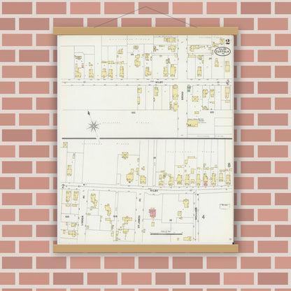 Old map wall art mockup — magnetic wood frame on brick wall — Sanborn Fire Insurance Map from Suffolk, Independent Cities, Virginia (1898), Sheet #0002