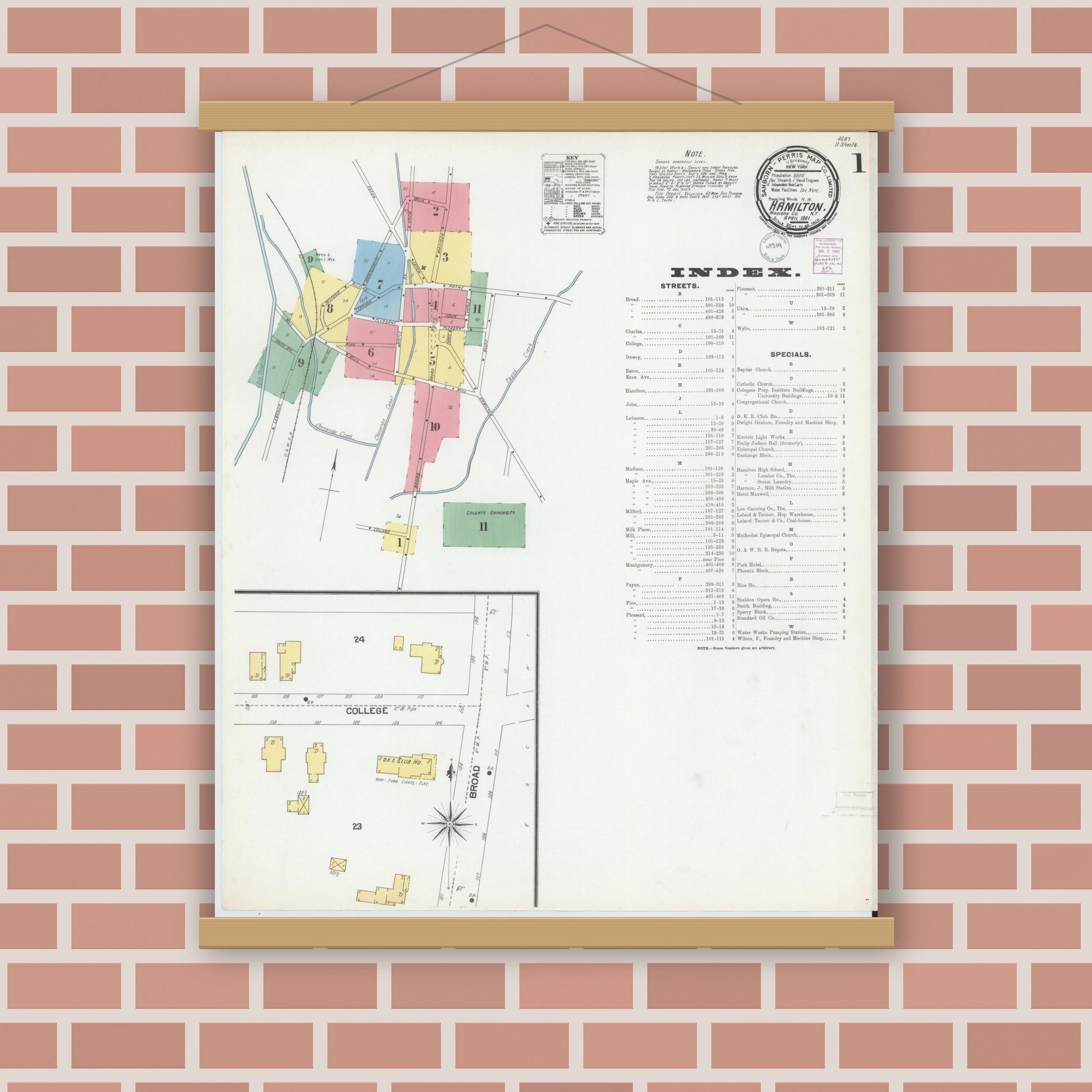 Old map wall art mockup — magnetic wood frame on brick wall — Sanborn Fire Insurance Map from Hamilton, Madison County, New York (1901), Sheet #0001
