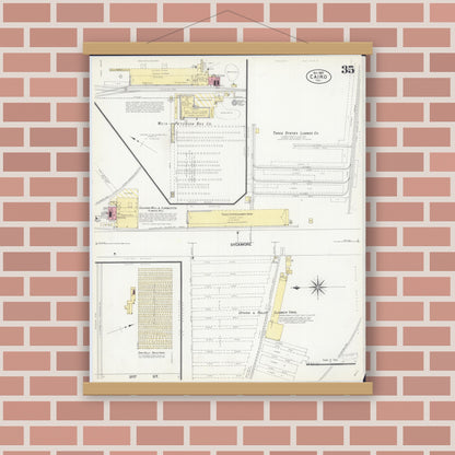 Old map wall art mockup — magnetic wood frame on brick wall — Sanborn Fire Insurance Map from Cairo, Alexander County, Illinois (1907), Sheet #0035
