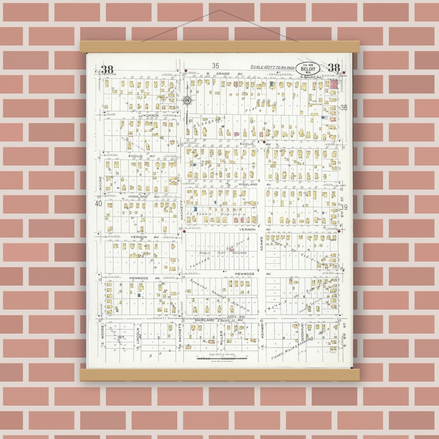 Old map wall art mockup — magnetic wood frame on brick wall — Sanborn Fire Insurance Map from Beloit, Rock County, Wisconsin (1926), Sheet #0038