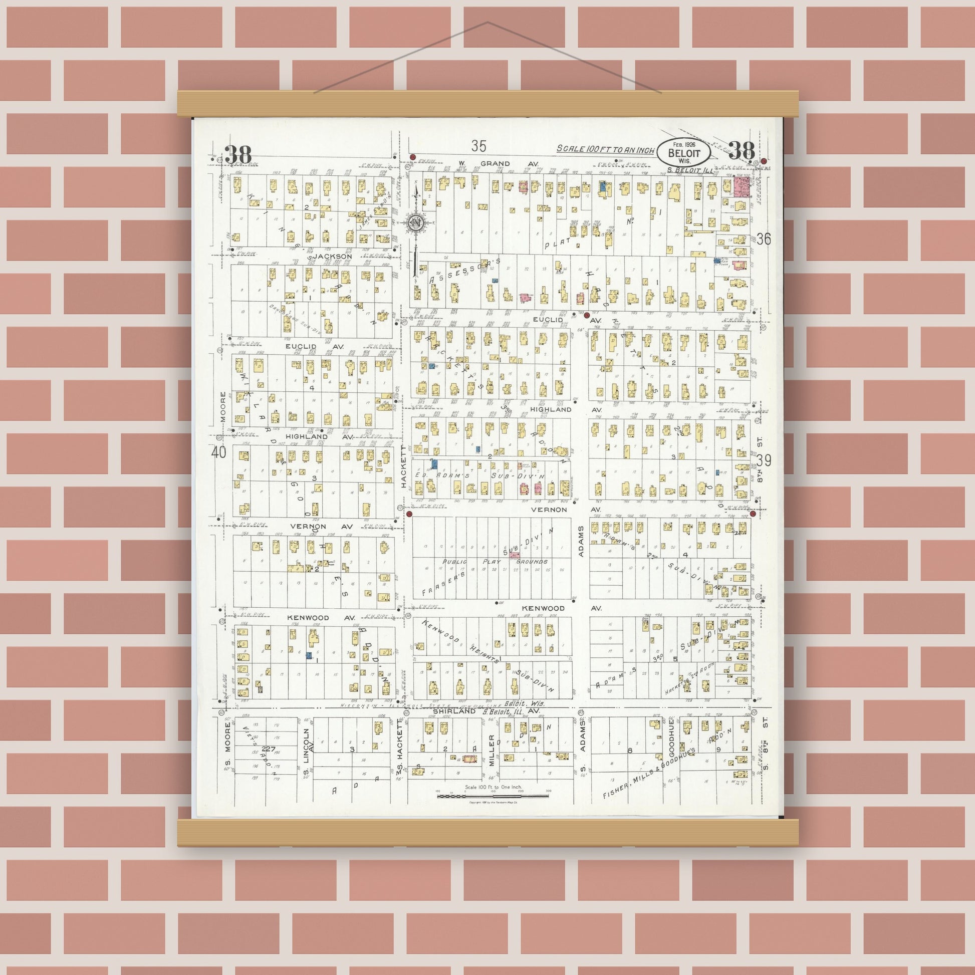 Old map wall art mockup — magnetic wood frame on brick wall — Sanborn Fire Insurance Map from Beloit, Rock County, Wisconsin (1926), Sheet #0038