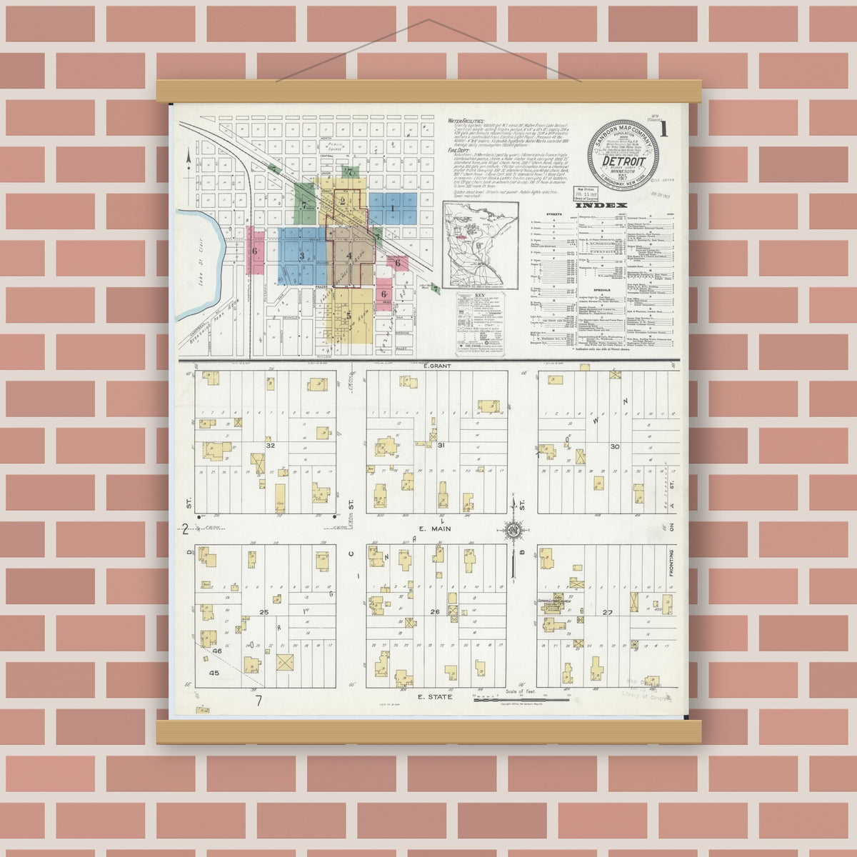 Old map wall art mockup — magnetic wood frame on brick wall — Sanborn Fire Insurance Map from Detroit Lakes, Becker County, Minnesota (1917), Sheet #0001