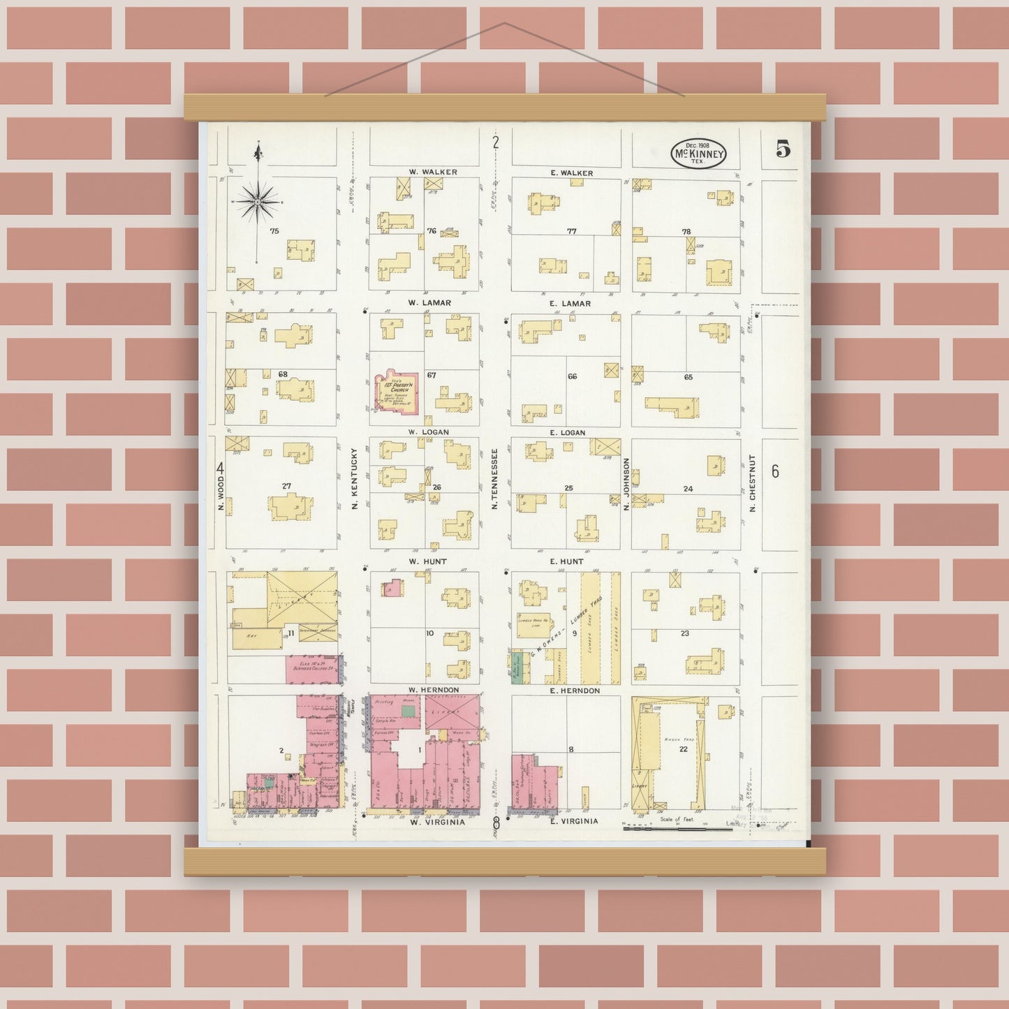 Old map wall art mockup — magnetic wood frame on brick wall — Sanborn Fire Insurance Map from McKinney, Collin County, Texas (1908), Sheet #0005