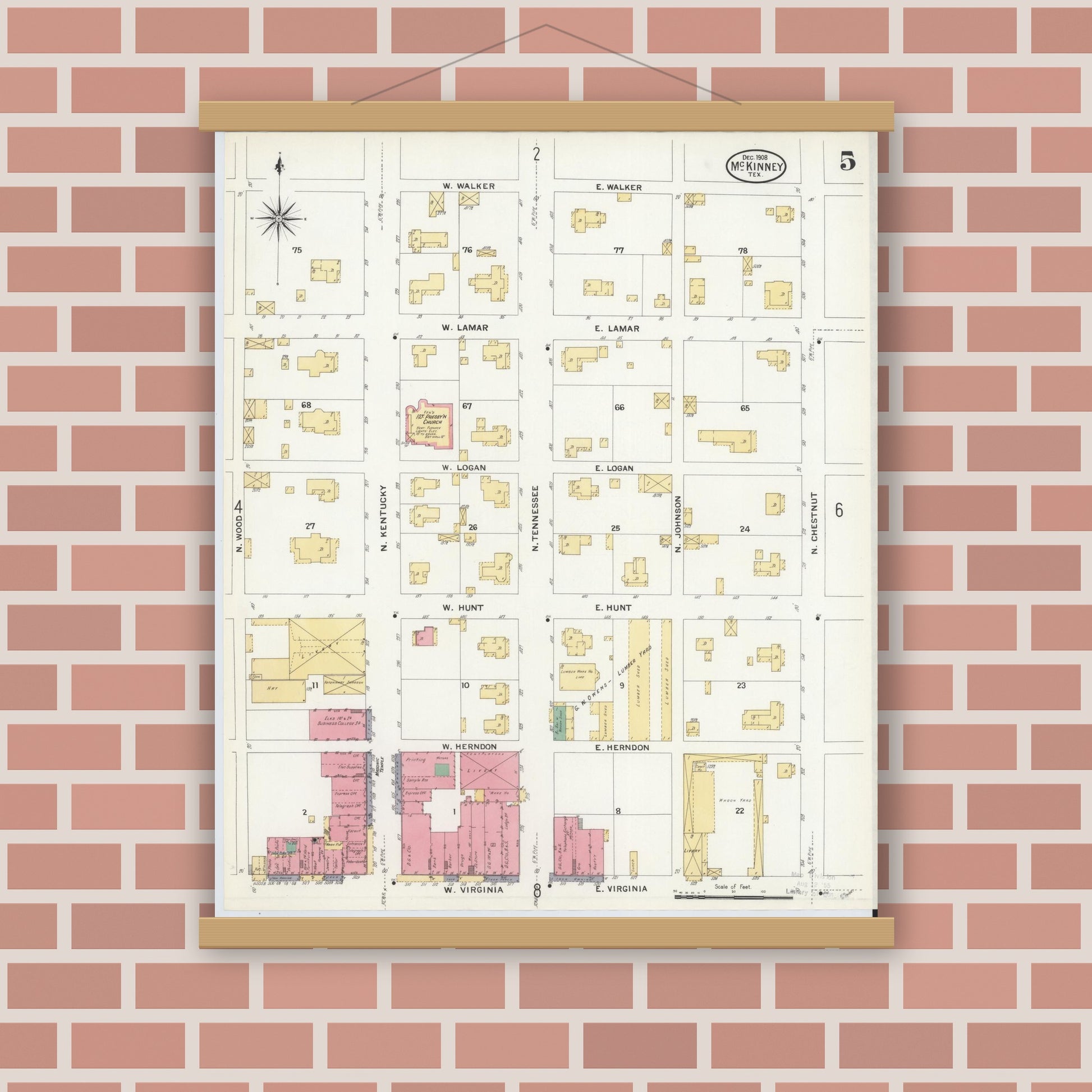 Old map wall art mockup — magnetic wood frame on brick wall — Sanborn Fire Insurance Map from McKinney, Collin County, Texas (1908), Sheet #0005