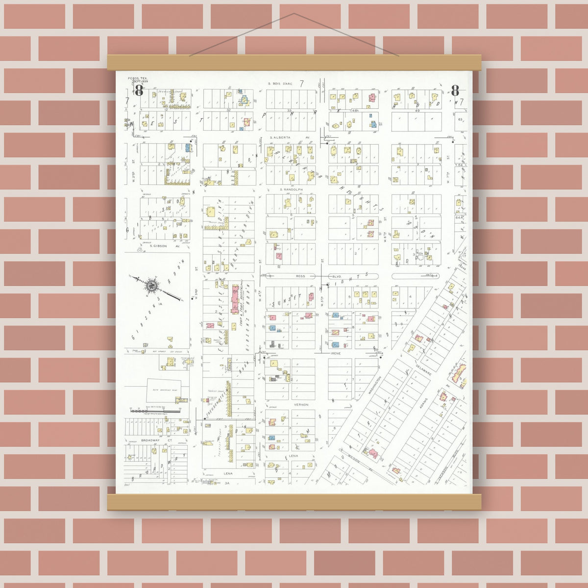 Old map wall art mockup — magnetic wood frame on brick wall — Sanborn Fire Insurance Map from Pecos, Reeves County, Texas (1939), Sheet #0008