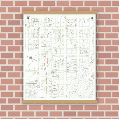 Old map wall art mockup — magnetic wood frame on brick wall — Sanborn Fire Insurance Map from Pecos, Reeves County, Texas (1939), Sheet #0008