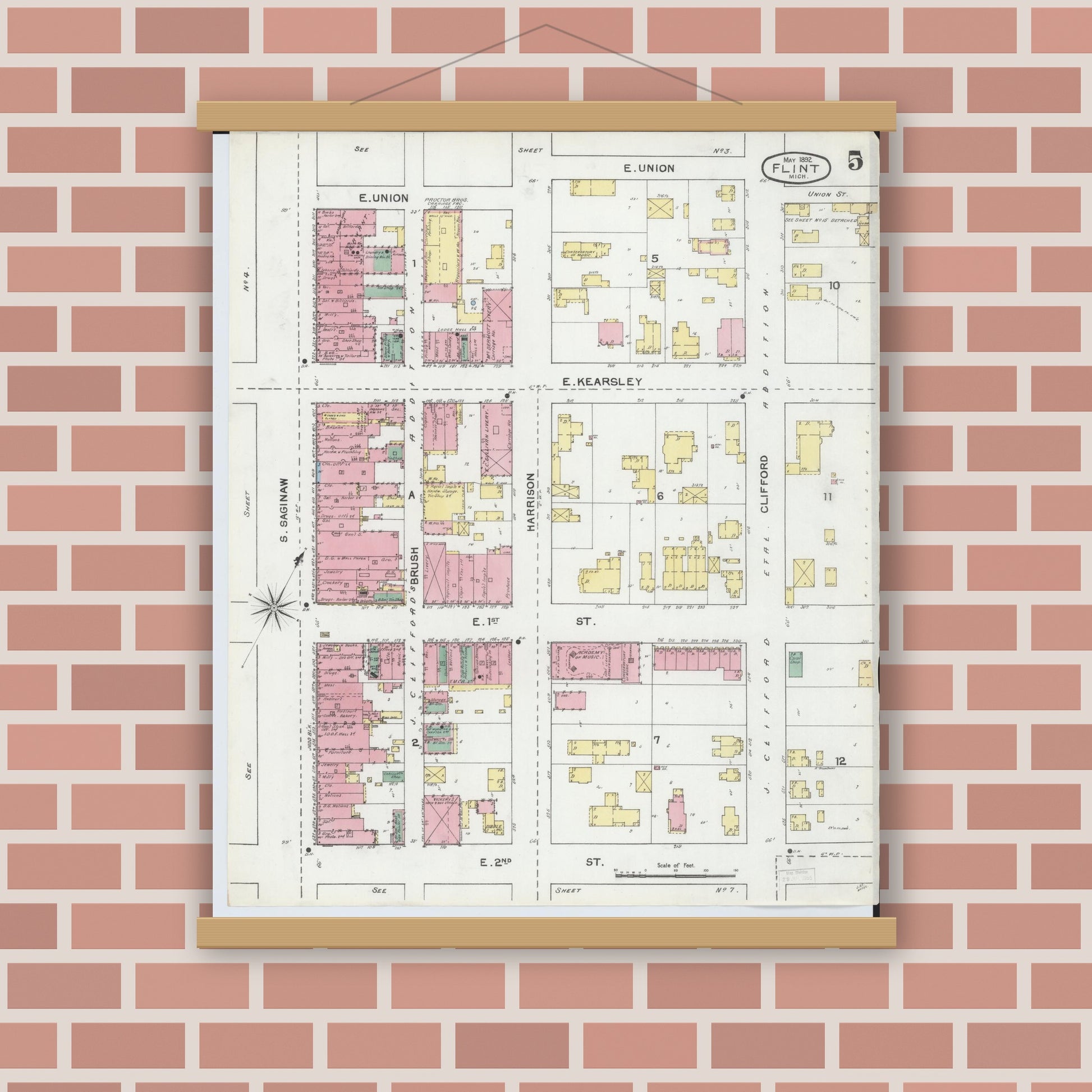 Old map wall art mockup — magnetic wood frame on brick wall — Sanborn Fire Insurance Map from Flint, Genesee County, Michigan (1892), Sheet #0005