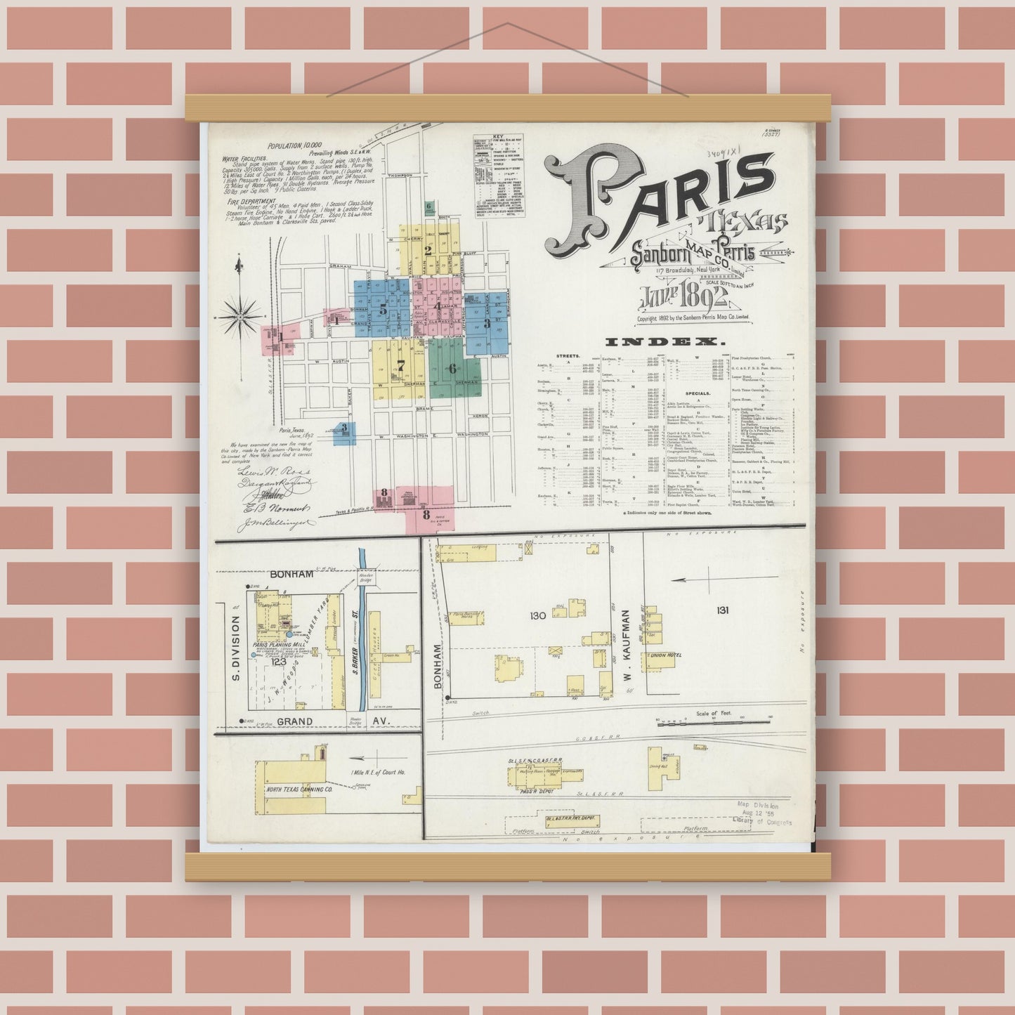 Old map wall art mockup — magnetic wood frame on brick wall — Sanborn Fire Insurance Map from Paris, Lamar County, Texas (1892) - Complete Map Set
