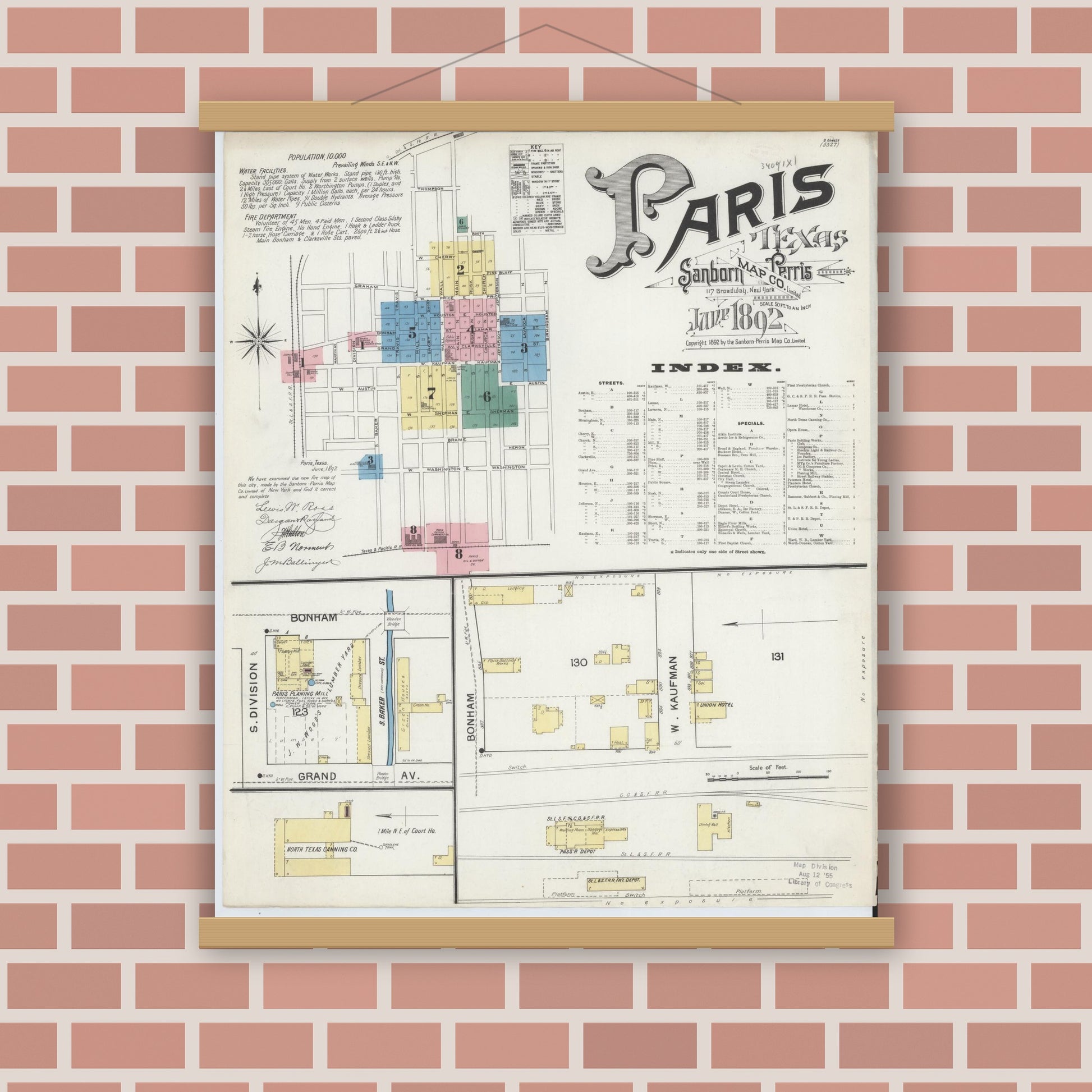 Old map wall art mockup — magnetic wood frame on brick wall — Sanborn Fire Insurance Map from Paris, Lamar County, Texas (1892) - Complete Map Set
