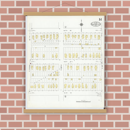 Old map wall art mockup — magnetic wood frame on brick wall — Sanborn Fire Insurance Map from Traverse City, Grand Traverse County, Michigan (1910), Sheet #0014