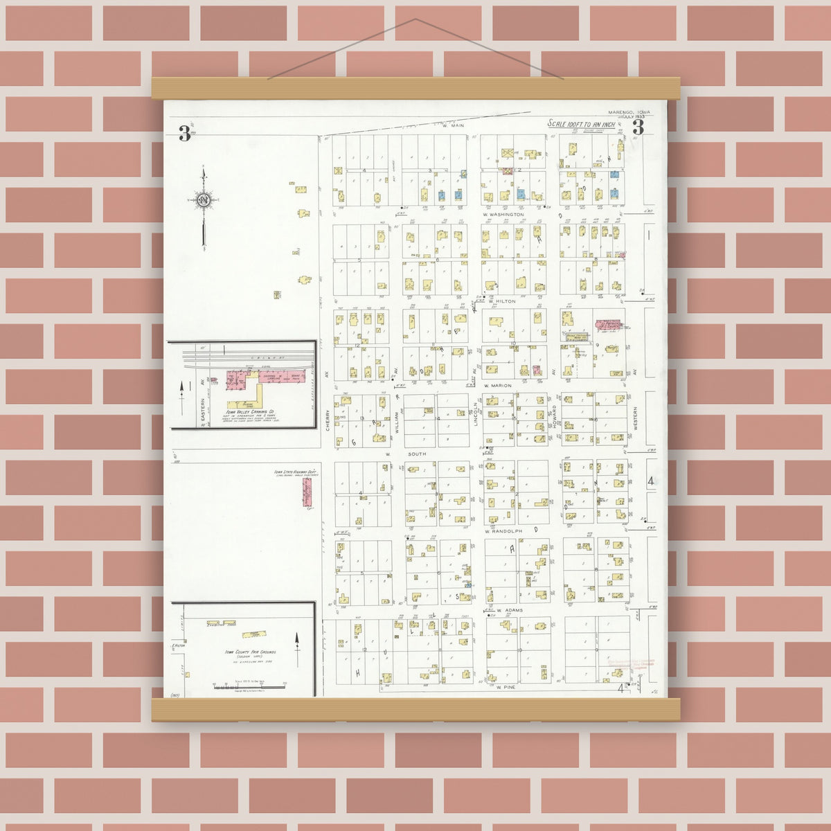 Old map wall art mockup — magnetic wood frame on brick wall — Sanborn Fire Insurance Map from Marengo, Iowa County, Iowa (1933), Sheet #0003