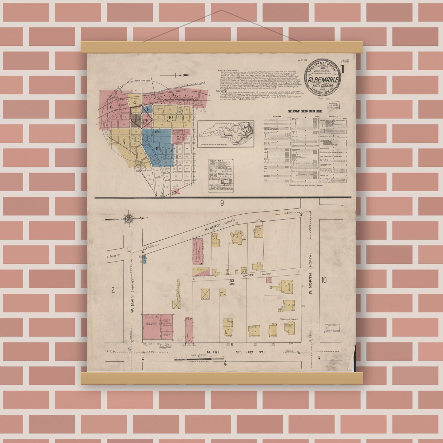 Old map wall art mockup — magnetic wood frame on brick wall — Sanborn Fire Insurance Map from Albemarle, Stanley County, North Carolina (1922) - Complete Map Set