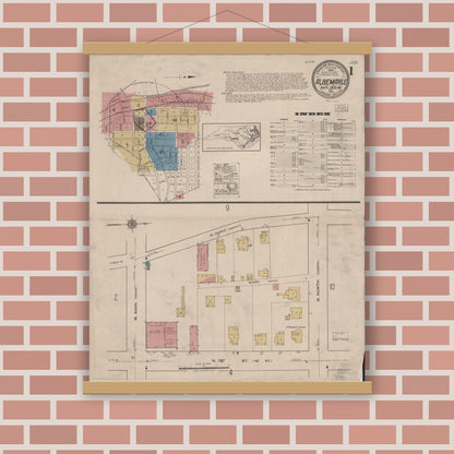 Old map wall art mockup — magnetic wood frame on brick wall — Sanborn Fire Insurance Map from Albemarle, Stanley County, North Carolina (1922) - Complete Map Set