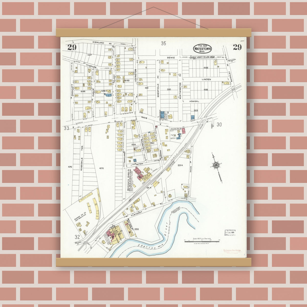 Old map wall art mockup — magnetic wood frame on brick wall — Sanborn Fire Insurance Map from Watertown, Middlesex County, Massachusetts (1923), Sheet #0029
