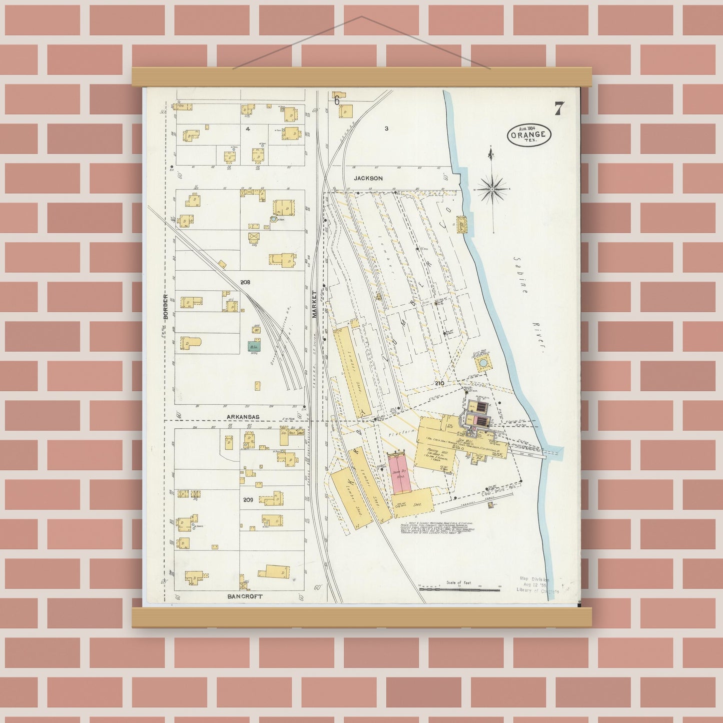 Old map wall art mockup — magnetic wood frame on brick wall — Sanborn Fire Insurance Map from Orange, Orange County, Texas (1904), Sheet #0007