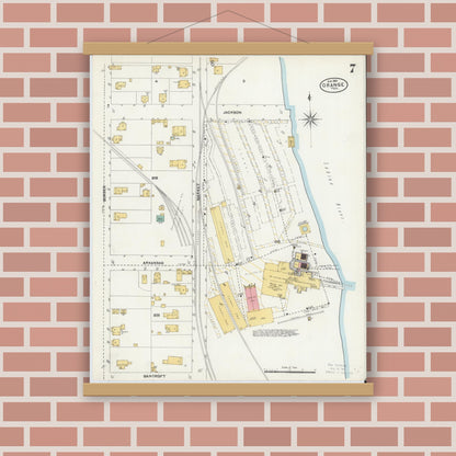 Old map wall art mockup — magnetic wood frame on brick wall — Sanborn Fire Insurance Map from Orange, Orange County, Texas (1904), Sheet #0007