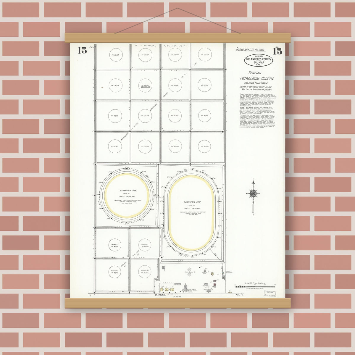 Old map wall art mockup — magnetic wood frame on brick wall — Sanborn Fire Insurance Map from Los Angeles Co., Los Angeles County, California (1924), Sheet #0015