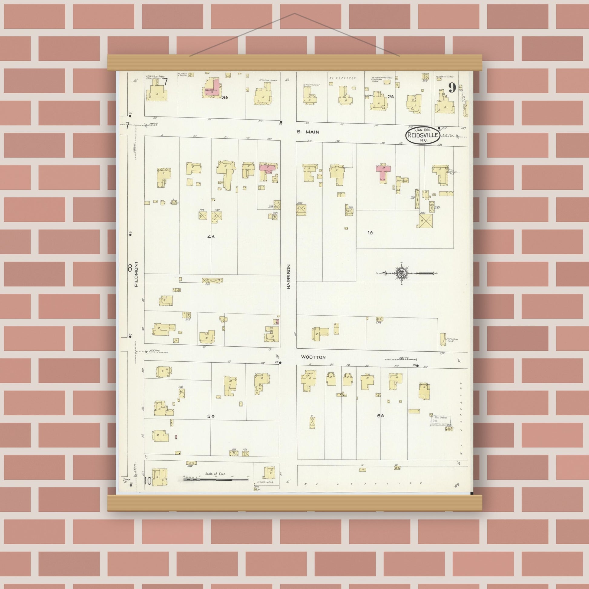 Old map wall art mockup — magnetic wood frame on brick wall — Sanborn Fire Insurance Map from Reidsville, Rockingham County, North Carolina (1914), Sheet #0009