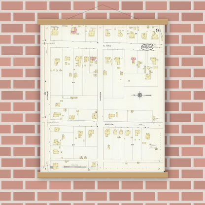 Old map wall art mockup — magnetic wood frame on brick wall — Sanborn Fire Insurance Map from Reidsville, Rockingham County, North Carolina (1914), Sheet #0009